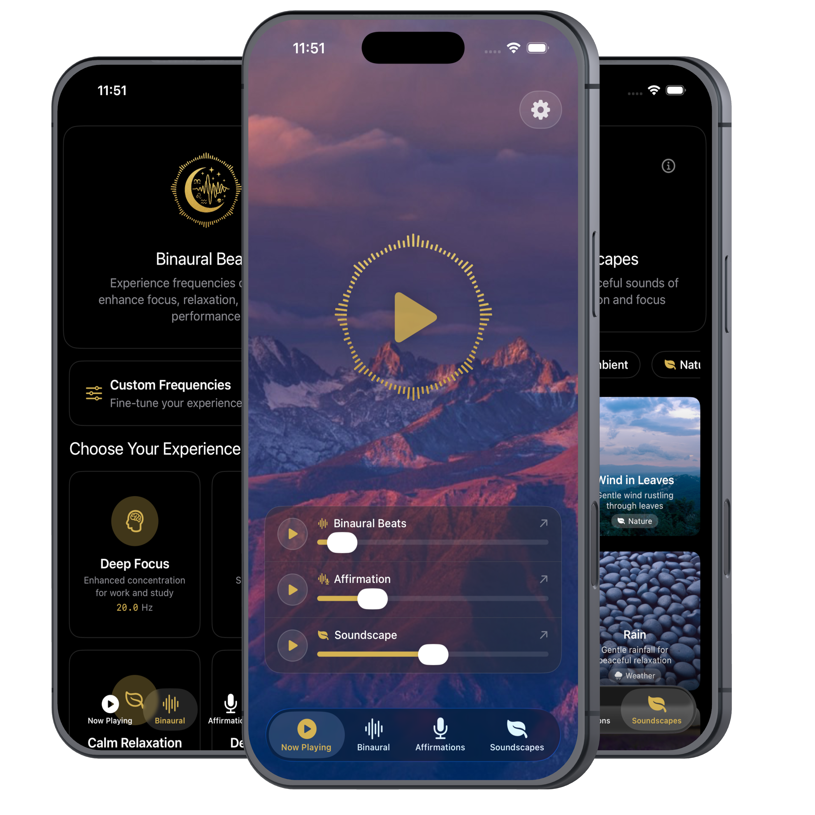 Serenity Lab app displayed on three devices - smartphone, tablet, and desktop - showing the sound therapy interface