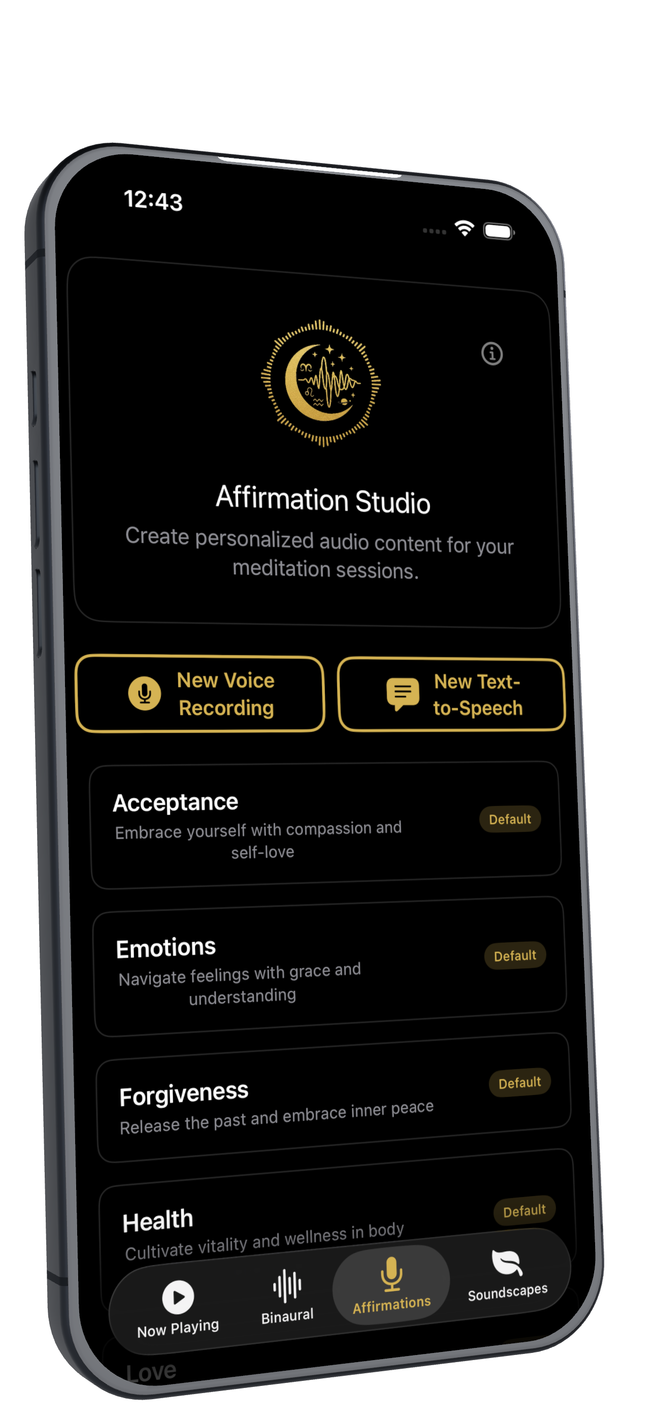 Serenity Lab soundscapes library showing nature sounds categorized by environment type including Ambient, Nature, Water, and Weather