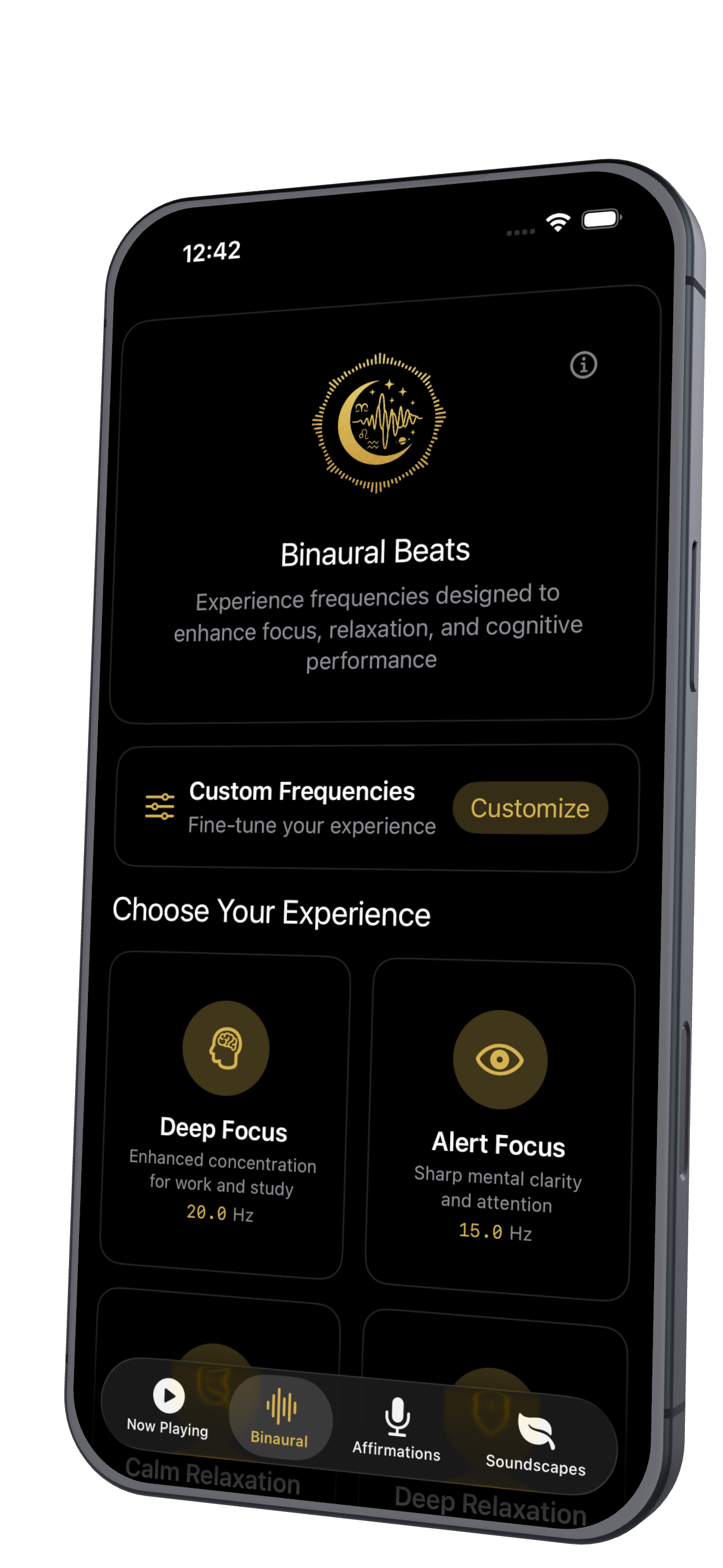 Serenity Lab binaural beats interface with precision frequency controls and brainwave state presets ranging from Delta to Beta waves